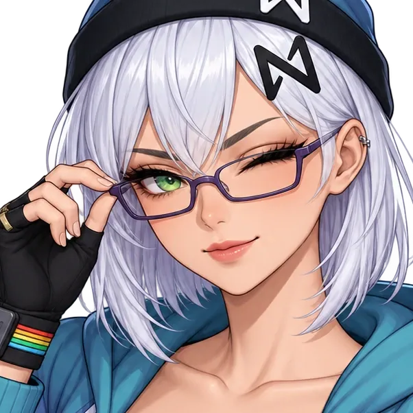 NEAR-chan winking as she adjusts her glasses.