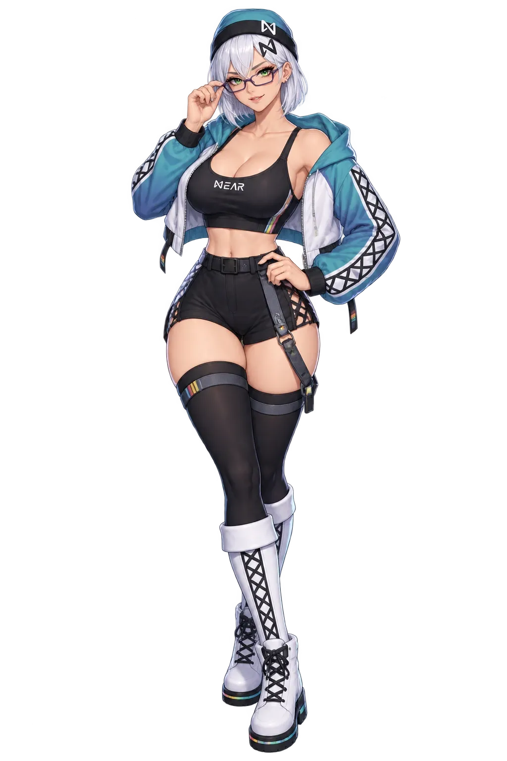NEAR-chan in a cropped jacket and black top, hand on her hip.