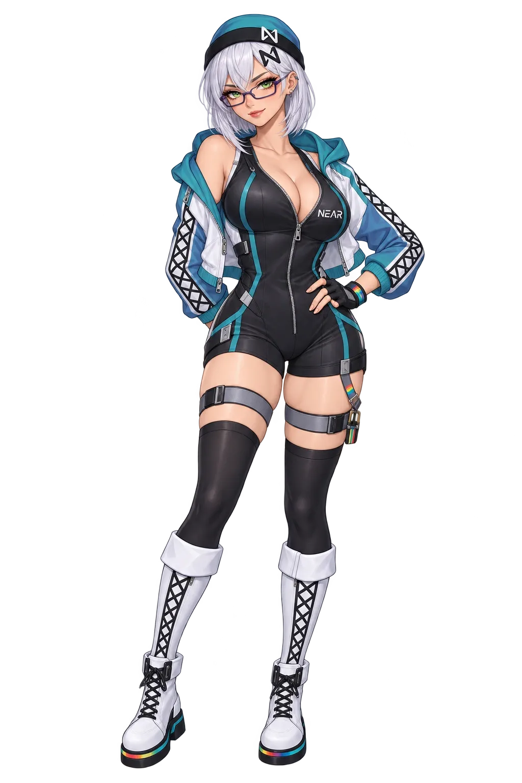 NEAR-chan in a black zip suit under her open hoodie.