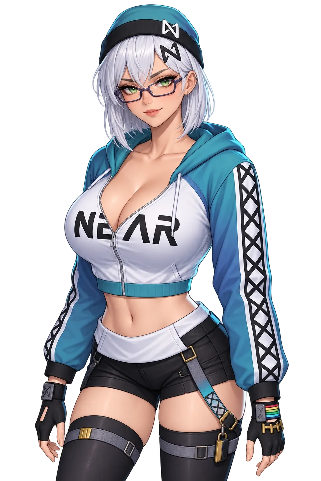 NEAR-chan, a woman in her twenties with silver hair, a teal beanie, and glasses, smiling in her teal and indigo hoodie.