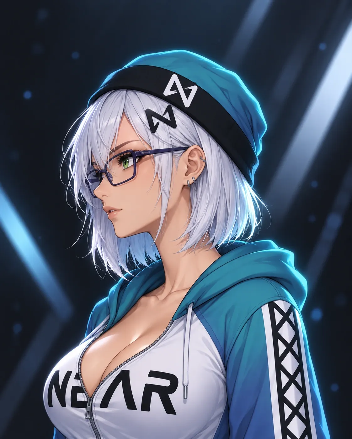 NEAR-chan in profile against blue light.