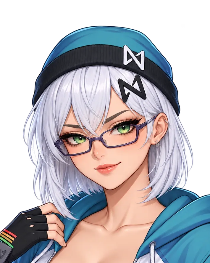 Staff portrait of NEAR-chan: silver bob, beanie, glasses, and a confident smile.