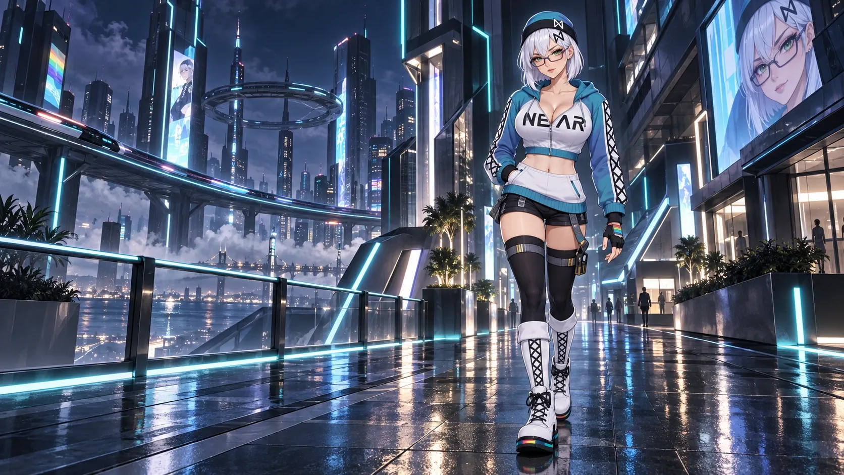 NEAR-chan walking through a neon city at night.