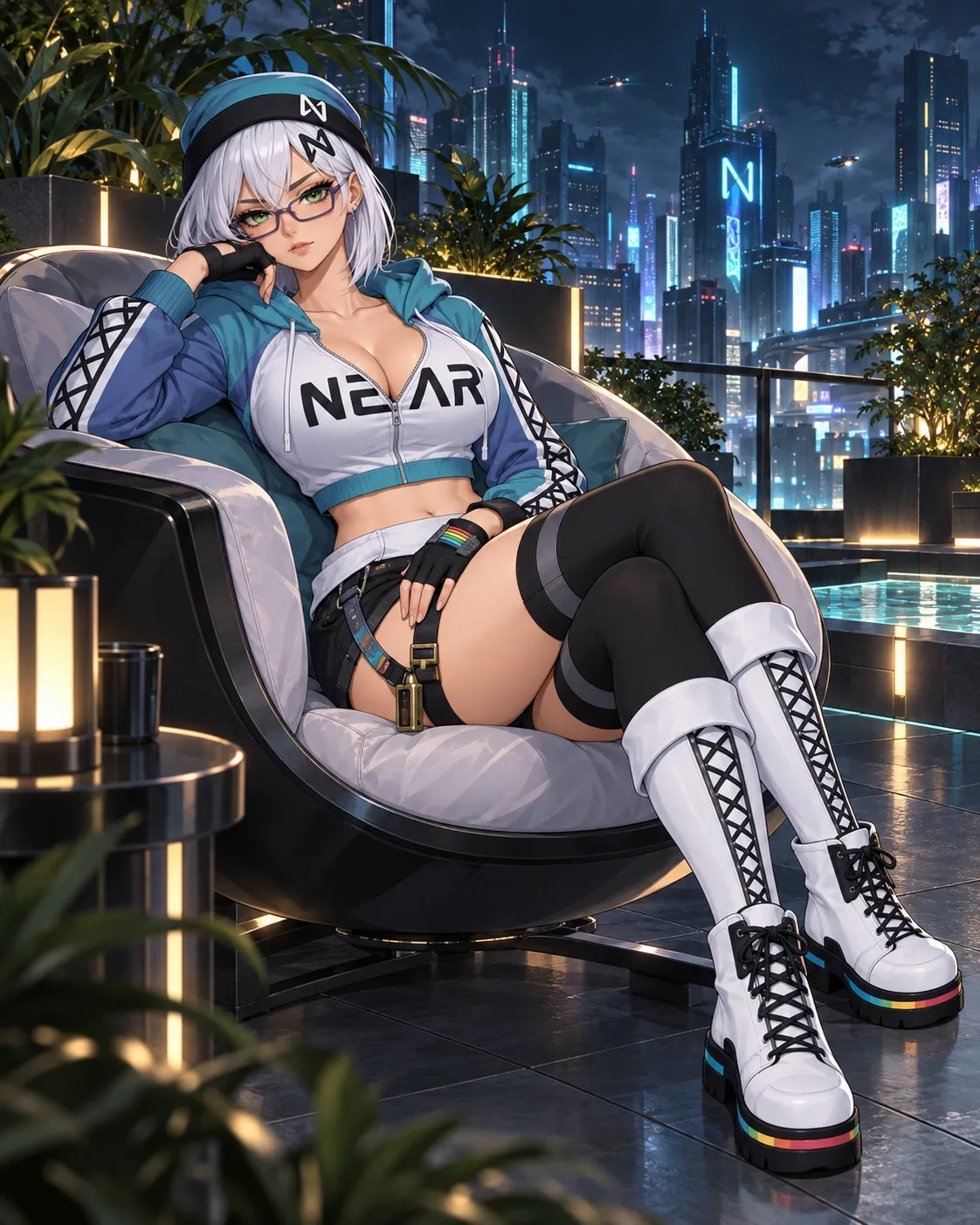 NEAR-chan off the clock, leaning back in a lounge chair above the city at night.