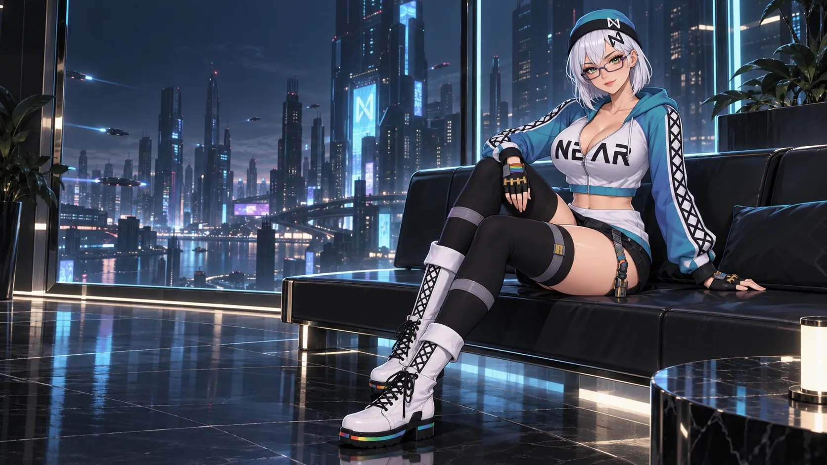 NEAR-chan seated on a rooftop couch above the skyline.