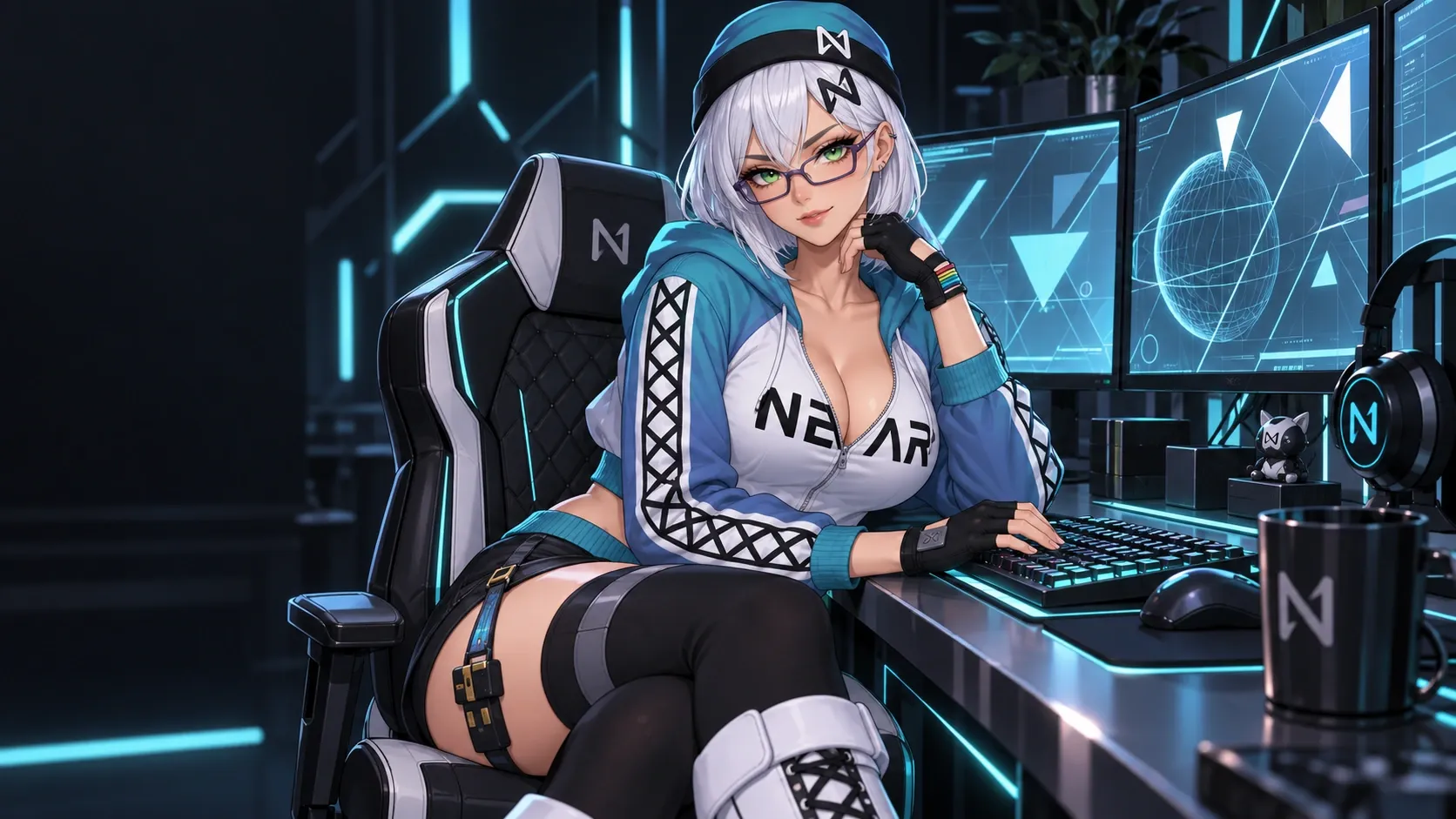 NEAR-chan at a desk with glowing monitors.